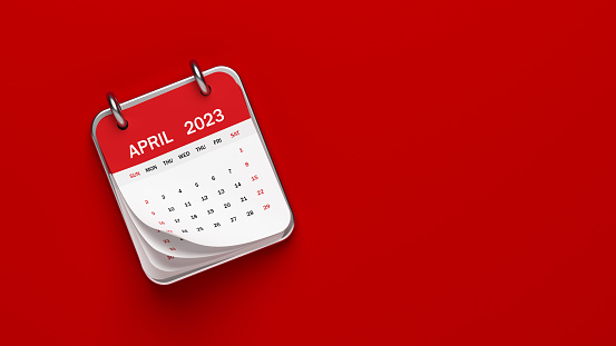 2023 April calendar on red color background isolated with clipping path horizontal composition