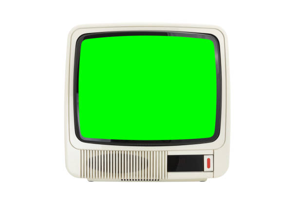 istock Old vintage white TV with green screen isolated on white background. 1432334650