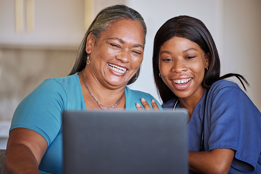 Laptop, family and social media with a black woman and girl using internet or wifi in a home to browse online or make a video call. Email, computer and technology with a mother and daughter bonding