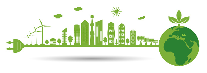 Silhouette of green city. Electrical cable with plug is connecting to planet earth. Environment conservation. Think green. Vector illustration.