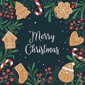 istock Merry Christmas. Template for a holiday card or print with gingerbread, lollipops and winter plants. 1432336672