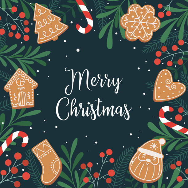Merry Christmas. Template for a holiday card or print with gingerbread, lollipops and winter plants. Merry Christmas. Template for a holiday card or print with gingerbread, lollipops and winter plants. Vector illustration christmas cookies stock illustrations
