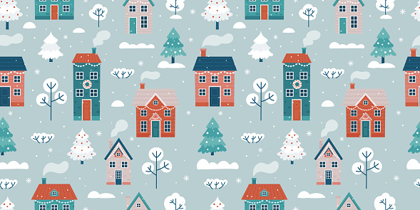 Seamless pattern with winter landscape and houses. Seamless background for Christmas and winter holidays. Vector illustration
