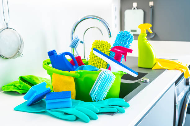 istock Colorful cleaning equipement on kitchen counter 1432336825