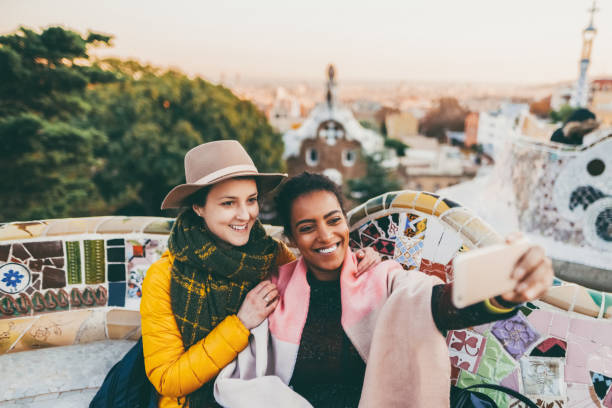Friends taking selfie at Park Guell,Barcelona
