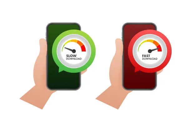 Vector illustration of Speedometers with slow and fast download. Vector stock illustration.