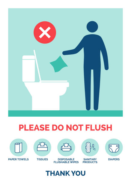 Do not flush sign with text Do not flush sanitary products, wet wipes, paper towels or diapers vector sign flushing toilet stock illustrations
