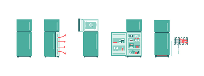 Fridge maintenance and food storage icon set, isolated on white background