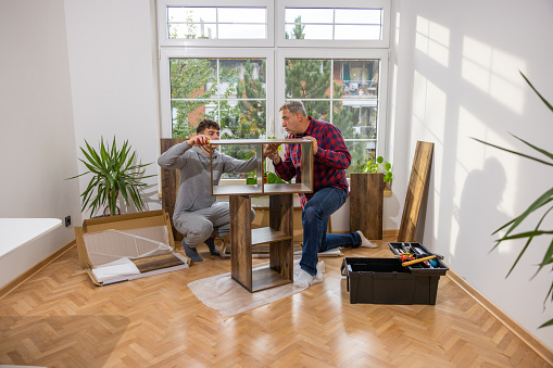 Caucasian father and teenage son, together assembling the shelf in the room