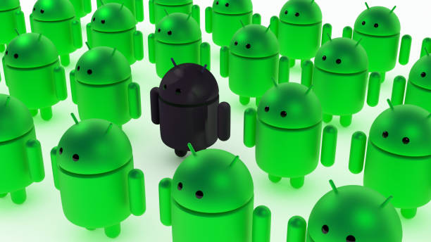 3D illustration of Android operating system symbol figure. Among green androids there is a black evil virus android.\nPerfect for business and social presentations and speeches