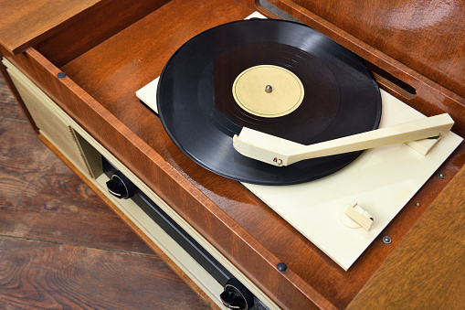 Close-up of a vintage turntable.Retro audio equipment.