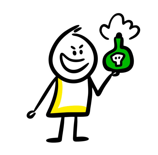 schlauer gesichtsmann mit der flasche gift in der hand. - auge um auge stock-grafiken, -clipart, -cartoons und -symbole