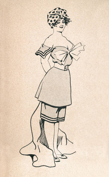 Sketch beautiful young woman in bathing costume, Belle Époque period, French 1890s Vintage illustration by Henry Gerbault, beautiful young woman in bathing costume, Belle Époque period, French 1890s, 19th Century victorian swimwear stock illustrations