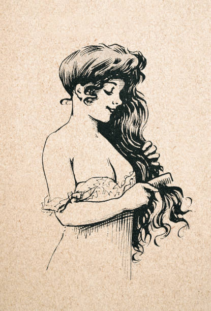 ilustraciones, imágenes clip art, dibujos animados e iconos de stock de boceto de una hermosa joven que se peina el pelo largo, período de la belle époque, francés de la década de 1890 - peinados victorianos