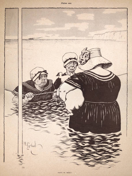 Caricature of Group of mature women bathing in the sea, French 1890s, 19th Century Vintage illustration by Henry Gerbault, Group of mature women bathing in the sea, French 1890s, 19th Century. Pleine eau. Bains de meres victorian swimwear stock illustrations