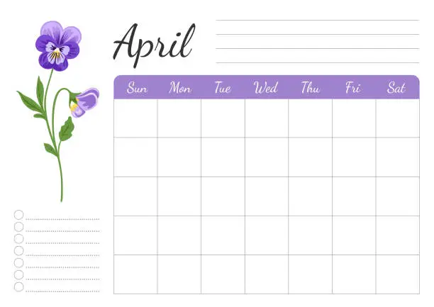Vector illustration of Monthly daily weekly april planner. A4 horizontal page with floral design. Organizer, schedule with place for notes; goals, to do list. Pansy, viola tricolor, heartsease purple wild flower.