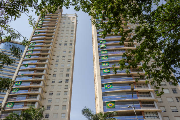 Brazilian flags on the windows. stock photo