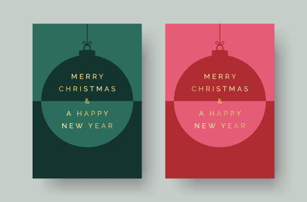 Christmas and New Year Greeting Card Design Template Stock Vector Illustration Merry Christmas and Happy New Year Set of greeting cards, holiday cover, invitation template. Modern Christmas bauble design with gold text. Minimalist vector template set for Christmas cards christmas card stock illustrations