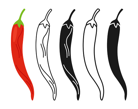 Red chili spicy pepper cartoon linear symbol set, doodle style, silhouette. Fresh vegetable icon, organic healthy food spice chilli pepper design. Agricultural vegetarian kitchen, farm market vector