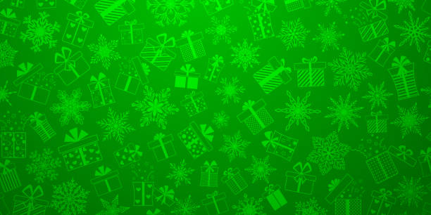 Background of gift boxes and snowflakes Background made of complex Christmas snowflakes and gift boxes with different patterns, in green colors christmas wrapping paper stock illustrations