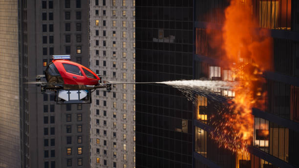 istock Autonomous driverless aerial vehicle spraying foam for extinguish the fire, Smart 5G technology firefighting drone concept, 3d render 1432355617