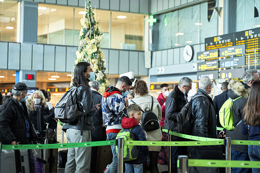 Valencia, Spain: January 5th 2021; Covid Christmas concept. Queue of people at Manises Airport