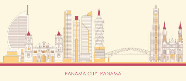 illustrazioni stock, clip art, cartoni animati e icone di tendenza di panorama dello skyline dei cartoni animati della città di panama, panama - panama