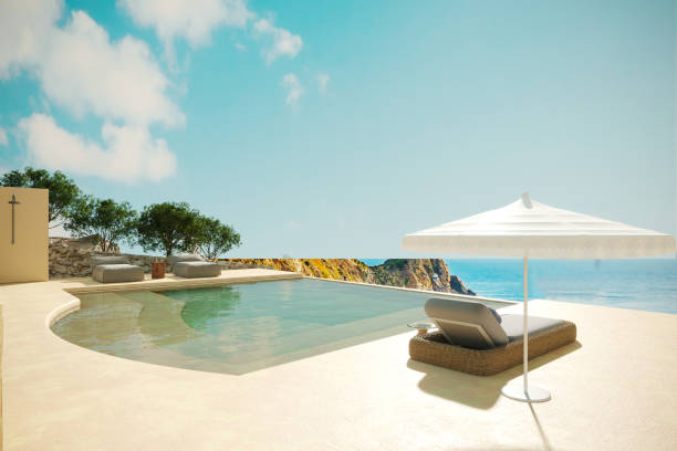 moderna casa de playa con piscina con vistas al mar - lugar turístico fotografías e imágenes de stock