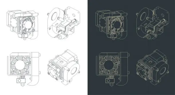 Vector illustration of 3d printer extruder blueprints