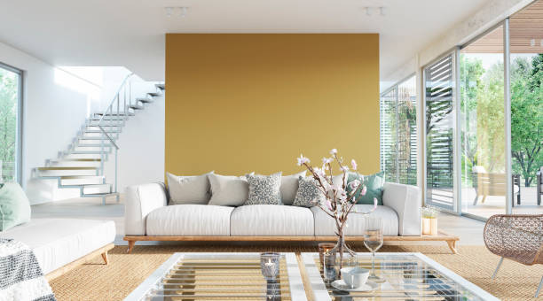 istock Cozy, luxury, and modern living room with sofa, windows and decoration 1432359850