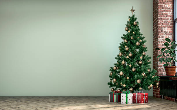 istock Empty unfurnished nostalgic retro living room with a light pastel green plaster wall and partly ruined brick wall and Christmas decoration 1432360013