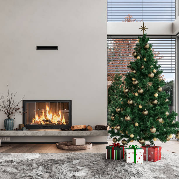istock A modern living room with a Christmas tree in front of a fireplace in foreground - side view 1432360126