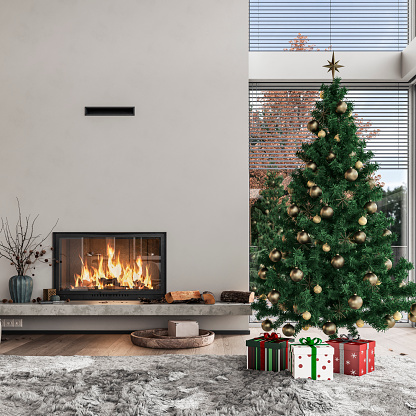 Cozy, luxurious, and empty modern living room with a few wrapped gifts under the Christmas-decorated tree on the hardwood floor in front of a design-shaped modern fireplace on a white plaster wall background and copy space. A long marble shelf under the fireplace with decorations, logs, candles, and a vase of dry flowers.  Front view. 3D rendered image.