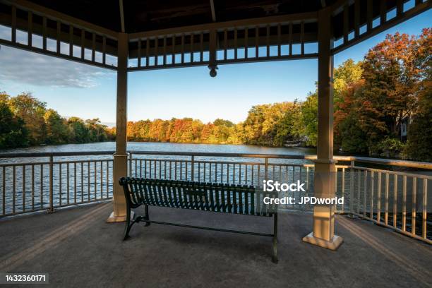A Gazebo Park Structure In Autumn At Mill Pond In Centennial Park Milton Ontario Canada Stock Photo - Download Image Now