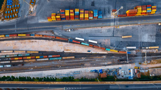 istock Aerial top down view of railway with cargo containers 1432360811