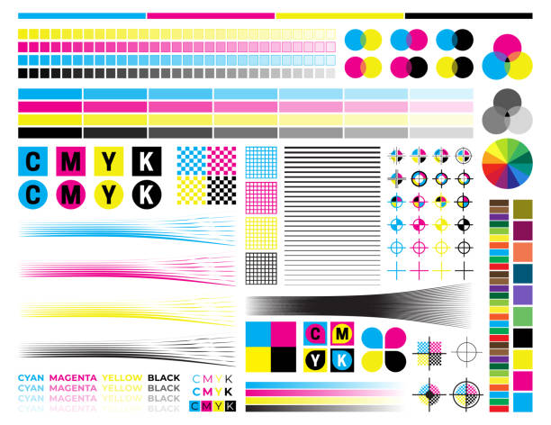 bildbanksillustrationer, clip art samt tecknat material och ikoner med cmyk print calibration illustration with offset printing marks and color tests - cmyk