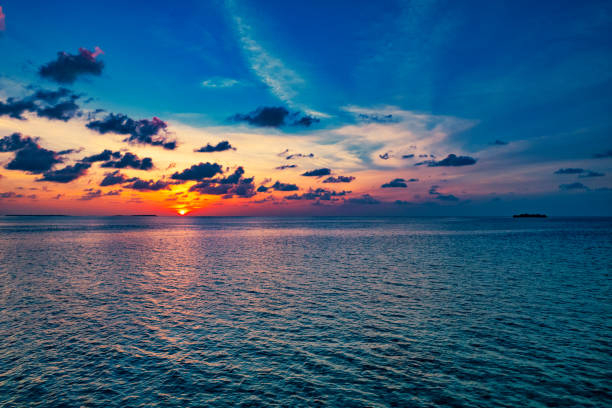 istock Aerial drone view of sunset in Maldives 1432364069