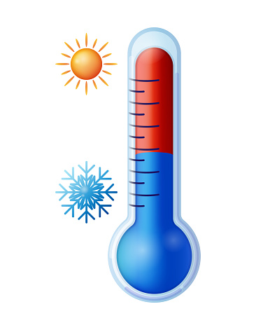 Thermometers with hot and cold climate indicators. Thermometers with red and blue indicators. Hot and cold temperatures outside. Vector illustration