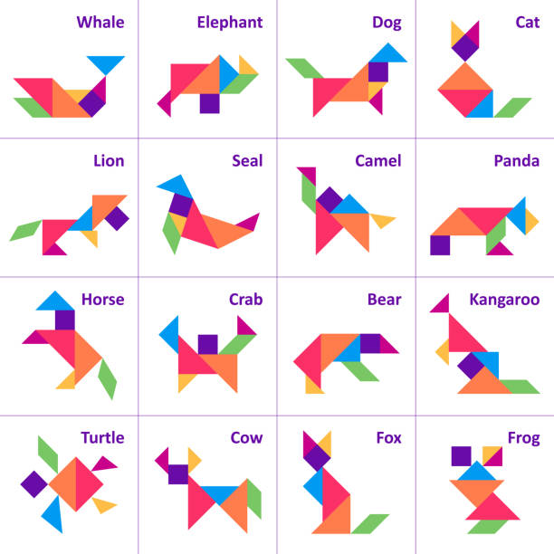 illustrations, cliparts, dessins animés et icônes de puzzle tangram. ensemble d’animaux sauvages et de ferme tangram. puzzle pour les enfants. jeu de vecteurs. illustration vectorielle - couleur chameau