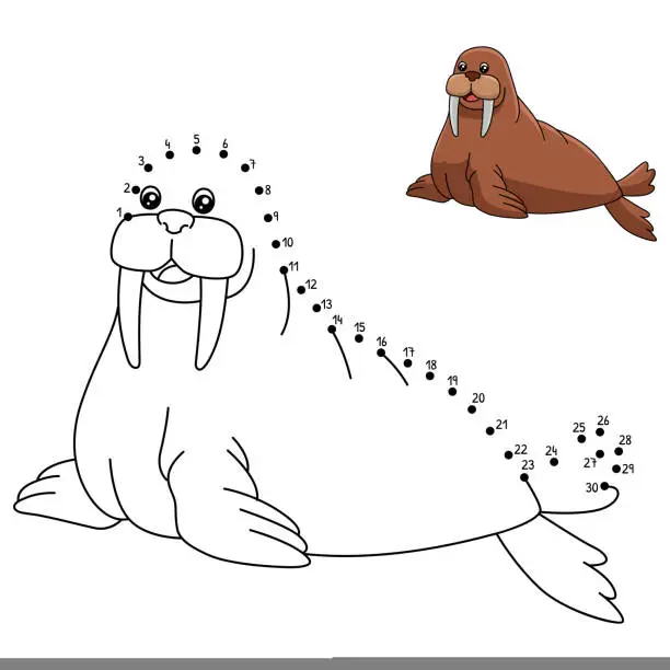 Vector illustration of Dot to Dot Walrus Coloring Page for Kids