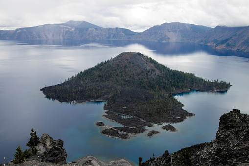 Scenic view of Wizard island in the middle of Crater lake from Watchman peak trailhead in Crater Lake National park, Oregon