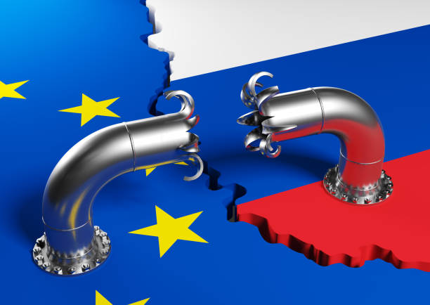 Broken gas pipe between the European Union and Russia. stock photo