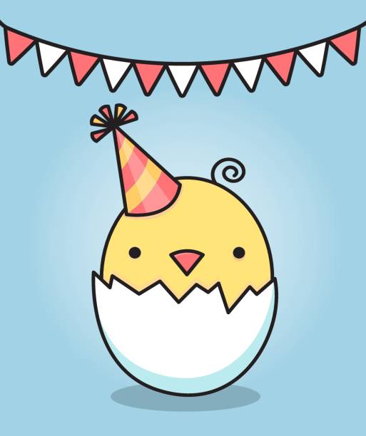 Birthday card. Yellow chicken in a shell. Children's print. Vector illustration Birthday card. Yellow chicken in a shell. Children's print. Vector illustration. birthday and invitation card animal background with chicken stock illustrations