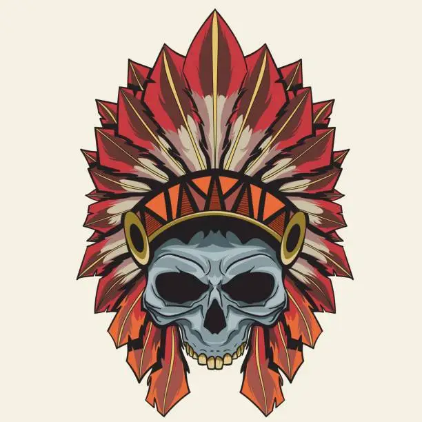 Vector illustration of Feather Hat Indian Skull Vector Illustration