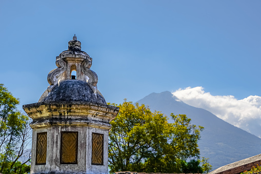 Beautiful view of the the Acatenango Volcano seen from Antigua City in Guatemala rooftop