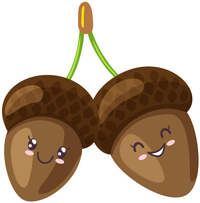 Pair of funny acorns icon kawaii concept over white background. Cheerful cartoon funny cute smiling faces with positive emotions, oak fruit. Japanese culture symbol anime, innocence, childishness