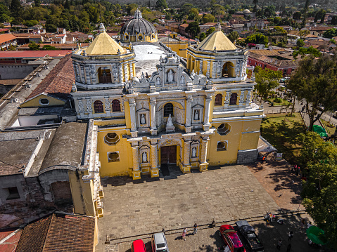 Beautiful aerial view of the Antigua City in Guatemala, Its yellow cathedral