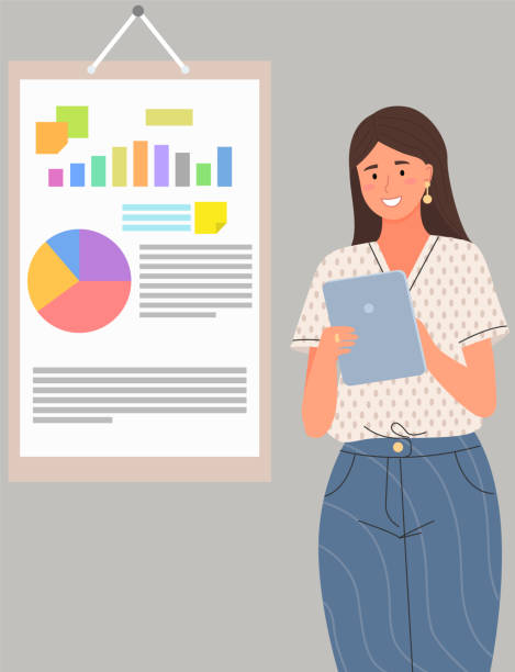 istock Businesswoman stands in front of screen with chart. Woan conducts analytics of statistical data 1432372806