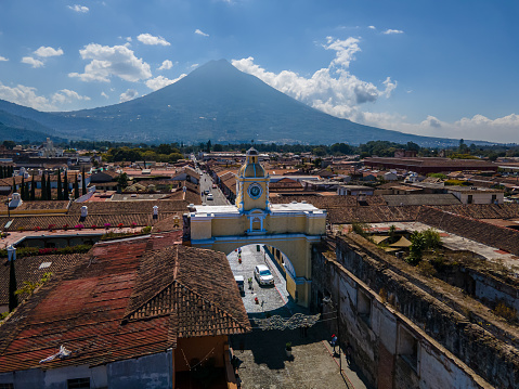 Beautiful aerial view of the Antigua City in Guatemala, the Santa Catalina Arch and the Acatenango Volcano
