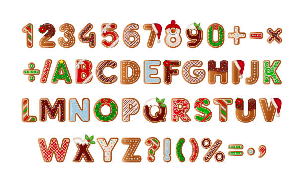 ジンジャーブレッドのアルファベットと数字。単離されたジンジャーブレッドクッキーのセット。クリスマスのお菓子。 - gingerbread cookie点のイラスト素材／クリップアート素材／マンガ素材／アイコン素材